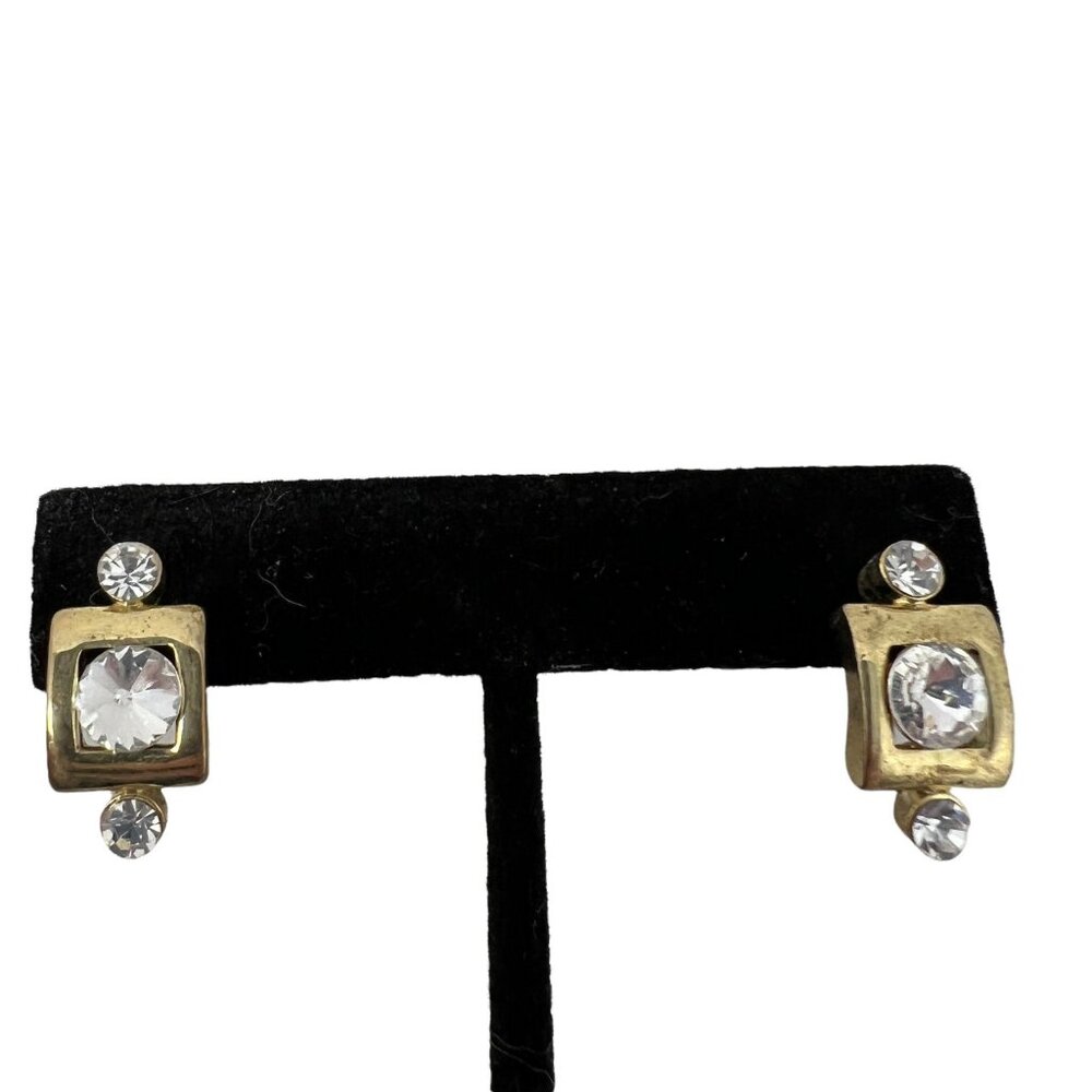 Gold Tone Earrings Pierced Rhinestone Crystal‎ Drop 3 Stone